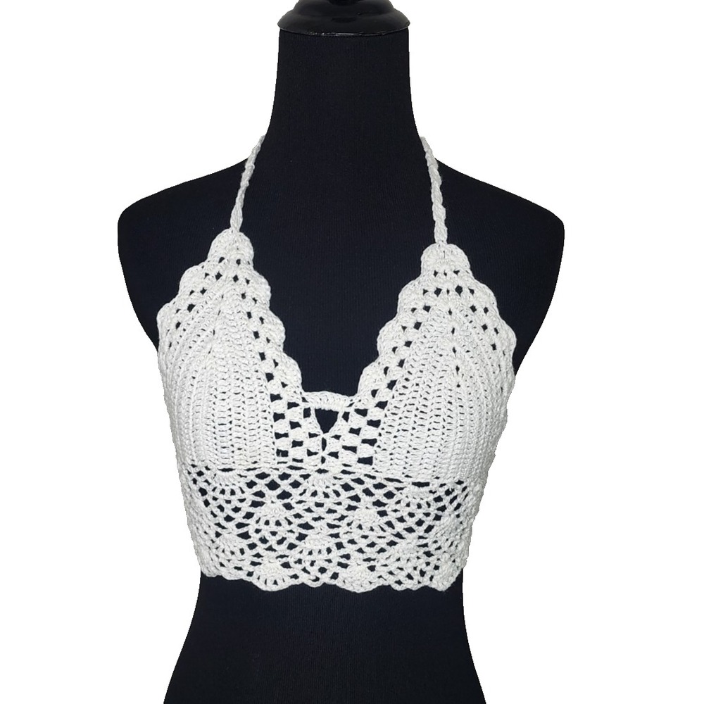 Women's Crochet Crop Halter Top M/L Cottage Core Romantic Hippie Boho